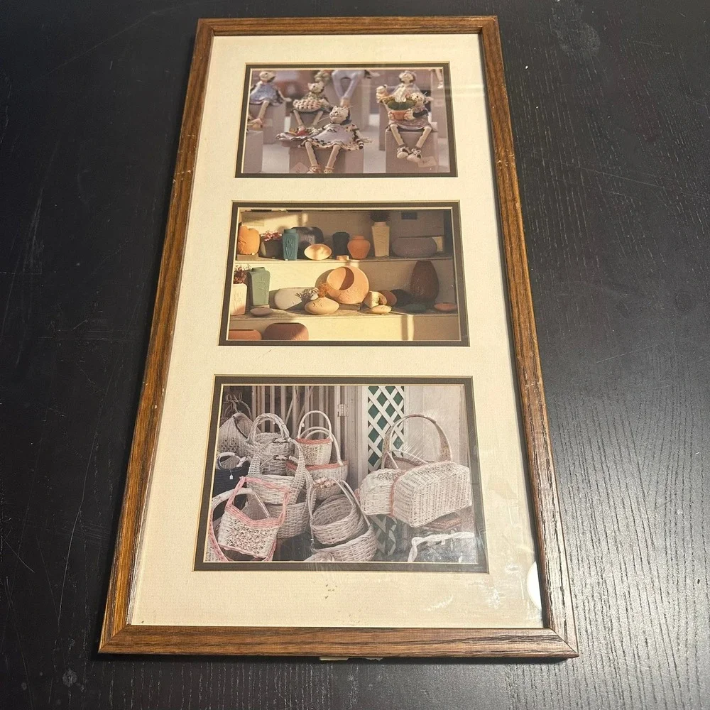 Vintage Triptych Framed Art Pottery Baskets Cat Dolls Wood Frame Wall Decor